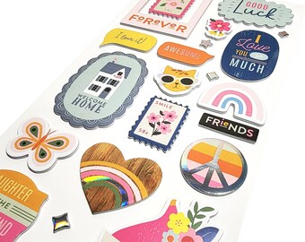 JUMBO silver foil sticker sheet-Friends Forever -for cards, scrapbooking, art projects -cat, laughter is best, postage stamps, good luck