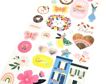 JUMBO CARDSTOCK STICKERS- Happy Things -for cards, scrapbooking, art projects -cats, hearts, flowers, balloons, apartment, fruit, besties