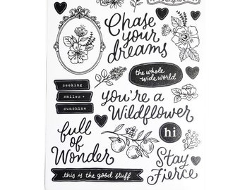 YOU'RE A WILDFLOWER Sticker sheet-cards, scrapbooking, journals, planners-picture frames, insirational phrases, hearts, wild berries, fierce