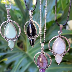 Witchy Crystal Necklace - Amethyst, Obsidian, Quartz, Aventurine Gemstone Amulet | Teardrop Pendant | Renaissance Inspired, Gothic Jewelry
