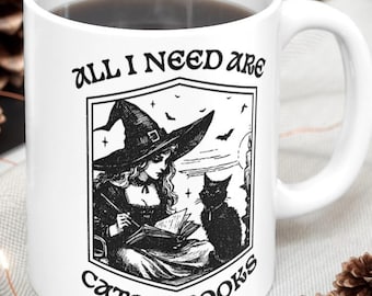 All I Need Are Cats & Books | Witchy Girl + Black Cat Coffee Mug or Tea Cup | Gift for Bookworms, Witchy Homeware, Kitchen Decor, Cat Lovers