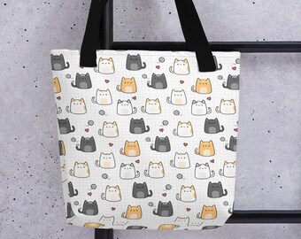 Chibi cats tote bag - happy kawaii cats with yarn balls and hearts on grid background