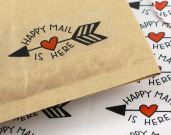 Shop Exclusive - Happy Mail is Here - handlettered and handdrawn with red heart and arrow - happy mail sticker with arrow