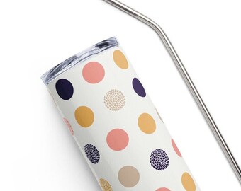 Large polka dot 20oz stainless steel tumbler - neutral retro colors insulated tumbler
