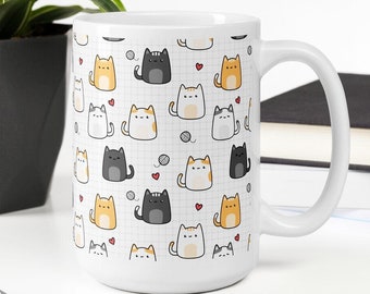 Chibi cats 15oz coffee mug - kawaii cats with yarn balls and hearts on graph paper background