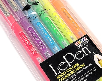 Set of 6 LePen pens + hard case - NEON SET - 0.3mm ultra fint tip, vivid & smudge proof ink -for students, planners, stationery lover gift