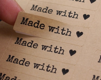 80 MADE WITH LOVE stickers with Small Heart  in Typewriter Font - Kraft Brown or White 1/2 x 1 3/4 inch Skinny Labels