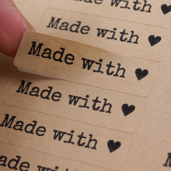 80 MADE WITH LOVE stickers with Small Heart  in Typewriter Font - Kraft Brown or White 1/2 x 1 3/4 inch Skinny Labels