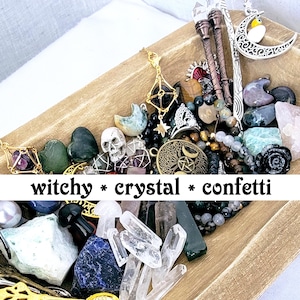 WITCHY CRYSTAL CONFETTI + Trinkets - Mystery Scoop -Grab Bag of Raw & Tumbled Crystals, Carved Mushrooms Hearts Moons, Bars, Slabs, Jewelry