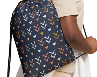Chevron pattern drawstring bag - aztec arrows and triangles textile pattern small backpack