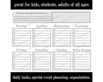 Minimalist Daily Planner, Work From Home Planner, Simple Personal Organizer, Special Event To Do List, Instant Download for Kids & Adults