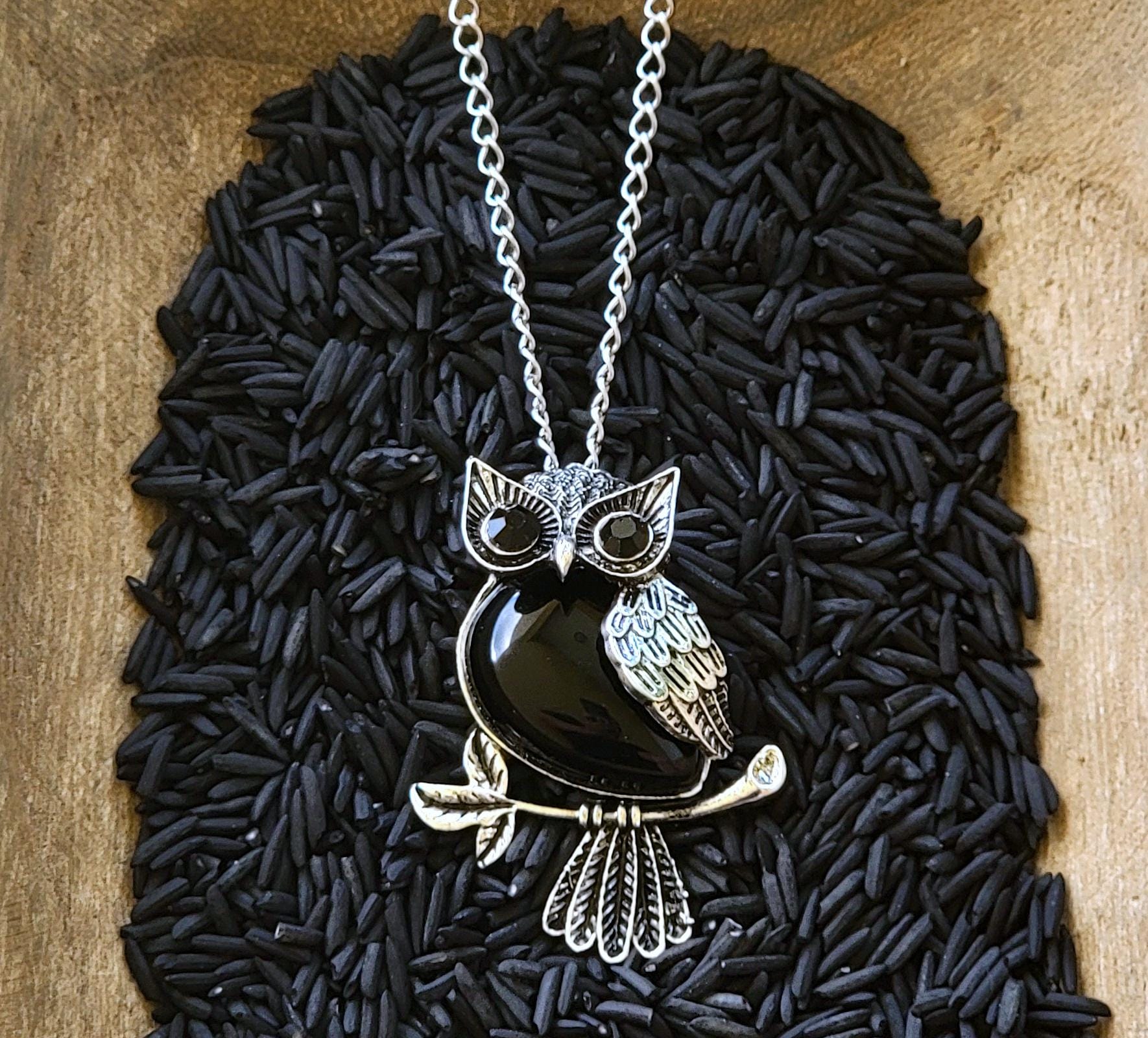Black Agate Owl Necklace – Witchy Owl Pendant | Gothic Boho Jewelry | Owl Familiar Amulet | Vi
