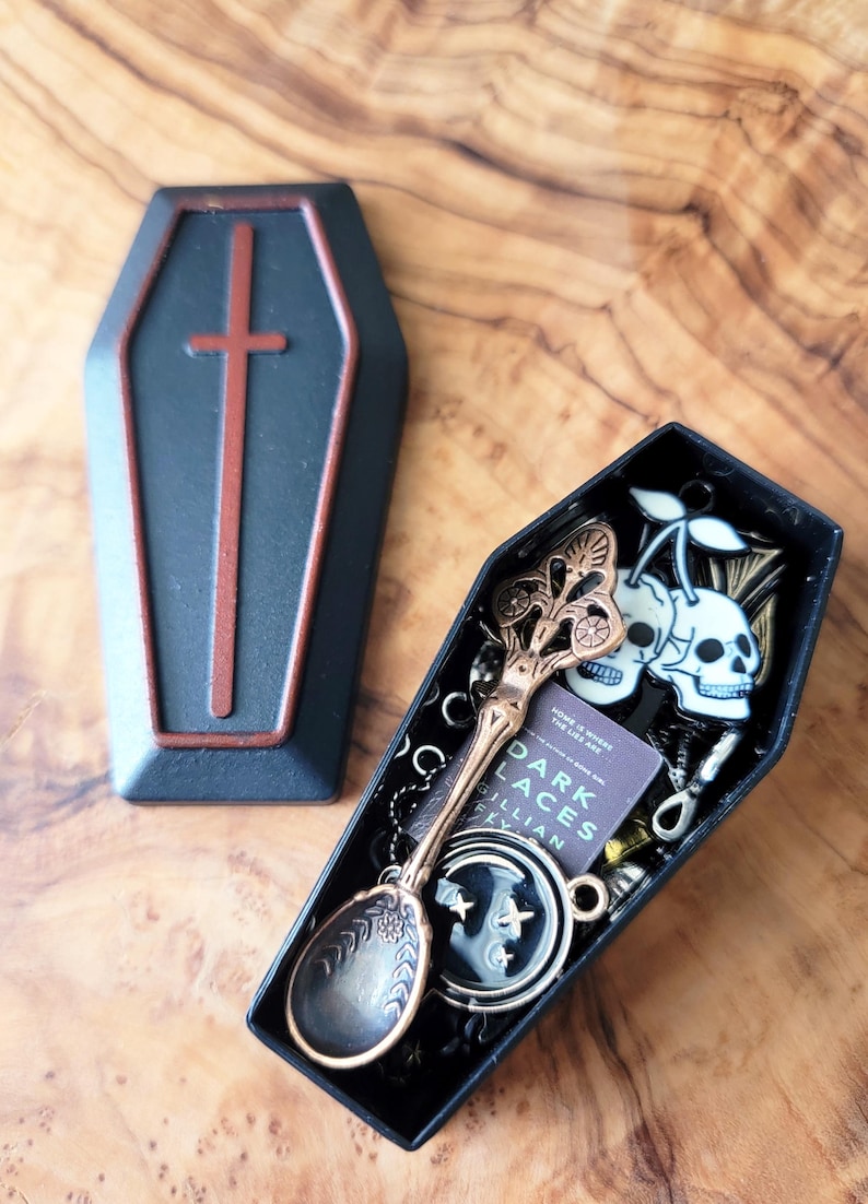Gothic & Witchy Charm Confetti in Miniature Coffin Box - Mystery Scoop - Trinkets, Pendants, Skeleton Keys - party favors, goth gift idea image 1