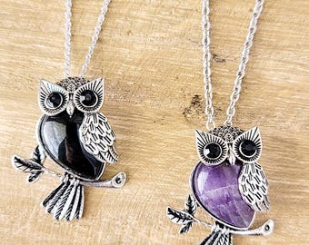 Crystal Owl Necklace – Amethyst or Black Agate Owl Pendant | Gothic Boho Jewelry | Witchy Owl Amulet | Owl Lovers Gift