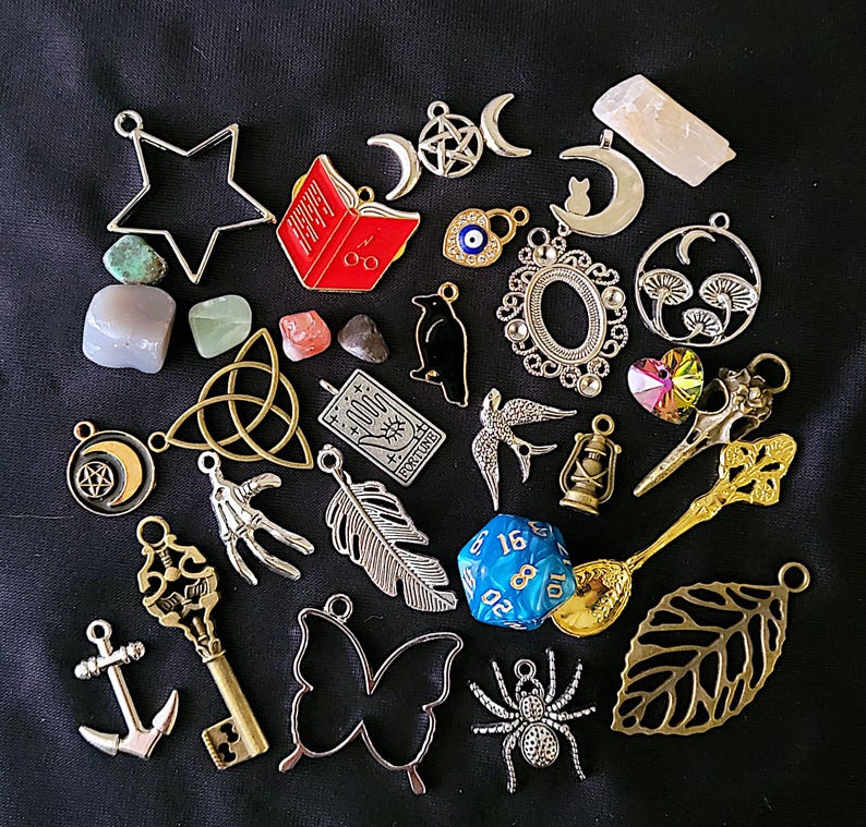 WITCHY MYSTERY SCOOP-Romantic Goth, Crowcore Grab Bag-Trinkets, Beads, Charms, Chip Jars, Tumbled Stones, Pendants -Party Favors, Gift Idea image 3