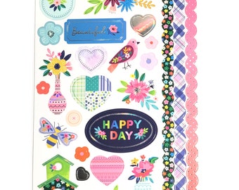 JUMBO CARDSTOCK STICKERS- garden theme scrapbooking large stickers for journals art project deco hearts flowers rainbows birds birdhouses