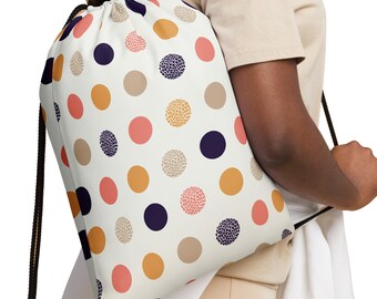 Large polka dot drawstring bag - neutral retro colors small backpack