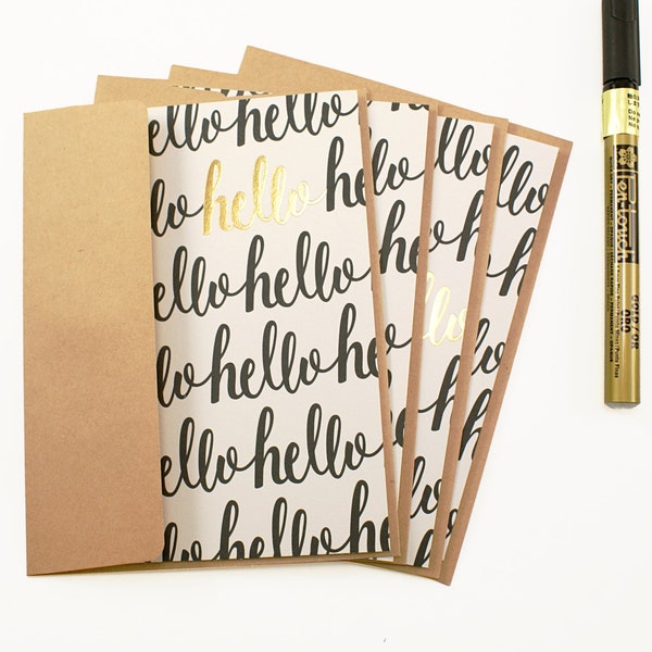 Note Card Set - HELLO with Gold Foil accent | set of 4 kraft brown envelopes with HELLO notecards | greeting card set
