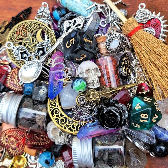 WITCHY MYSTERY SCOOP-Romantic Goth, Crowcore Grab Bag-Trinkets, Beads, Charms, Chip Jars, Tumbled Stones, Pendants -Party Favors, Gift Idea