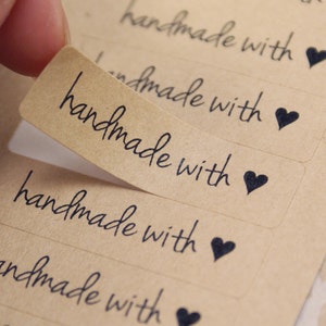 80 HANDMADE WITH LOVE stickers with small heart in Cursive Font - Kraft Brown or White - 1.75" x 0.5" rectangles