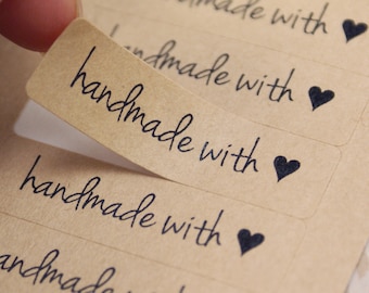 80 HANDMADE WITH LOVE stickers with small heart in Cursive Font - Kraft Brown or White - 1.75" x 0.5" rectangles