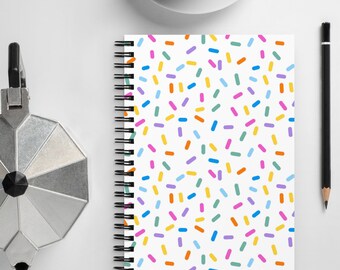 Cupcake sprinkles white notebook - kawaii rainbow jimmies & donut sprinkles spiral bound notebook, baking sprinkles journal, gift for baker