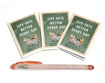 Set of 3 mini handmade notebooks  - letterboard motif -Life Gets Better Everyday beach cruiser bike mini journal, wee books, party favors