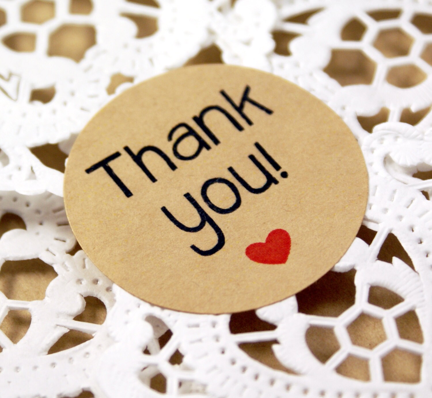 Round THANK YOU labels with little red heart kraft brown | Etsy