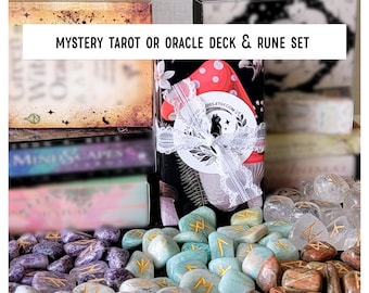 Mystery Tarot Deck or Oracle Deck + GUIDEBOOK or Crystal Rune Set - Blind Date with Tarot Cards and Elder Futhark Runes - Gift Wrapped
