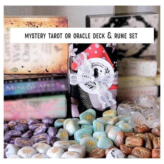 Mystery Tarot Deck or Oracle Deck + GUIDEBOOK or Crystal Rune Set - Blind Date with Tarot Cards and Elder Futhark Runes - Gift Wrapped