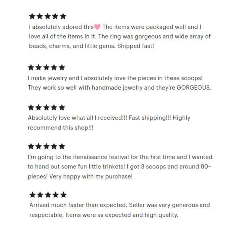 May include: Five-star reviews for a shop selling jewelry making supplies. The reviews highlight the quality of the products, the fast shipping, and the generous seller.