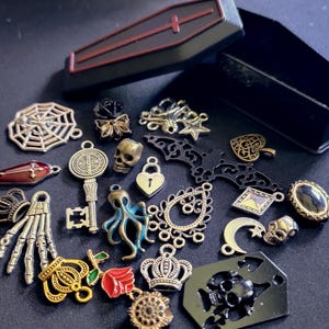 Gothic & Witchy Charm Confetti in Miniature Coffin Box - Mystery Scoop - Trinkets, Pendants, Skeleton Keys - party favors, goth gift idea image 2
