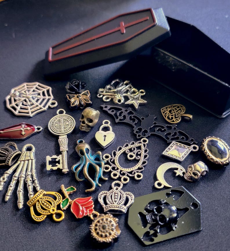 Gothic & Witchy Charm Confetti in Miniature Coffin Box - Mystery Scoop - Trinkets, Pendants, Skeleton Keys - party favors, goth gift idea image 2