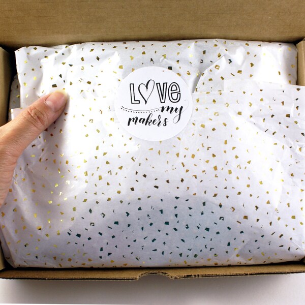 24 sheets of Tissue Paper -  Metallic Gold Confetti flecks on White - 15 x 20 inch tissue for Packaging and Christmas gifts