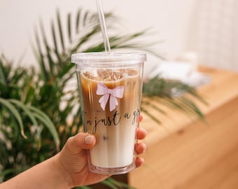 Pink Bow Clear Tumbler - Insulated Plastic Cup with Straw