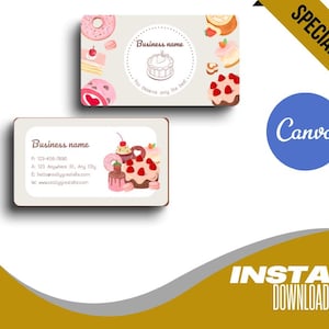 Modelo de cartão de visita personalizado para padaria doce, cartão de visita editável para loja de sobremesas, cartão com logotipo fofo para confeitaria, marca para empresa de alimentos para impressão