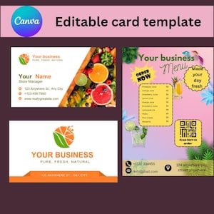 Plantilla de volante editable de Canva para barra de jugos. Diseño de menú de bebidas tropicales. Plantillas de tarjetas de presentación para menú de jugos frescos. Paquete editable de Canva.