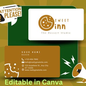 Modelo de cartão de visita personalizado para padaria doce, cartão de visita editável para loja de sobremesas, cartão com logotipo fofo para confeitaria, marca para empresa de alimentos para impressão