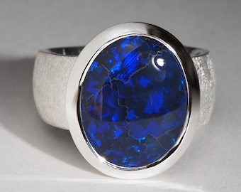 Big Black Opal Silver Ring Deep Blue Natural Australian Opal Jewelry gift for birthday
