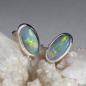 Precious Australian Opal Silver Stud Earrings Natural Yellow Green Gemstone Opal Jewelry gift for her wife