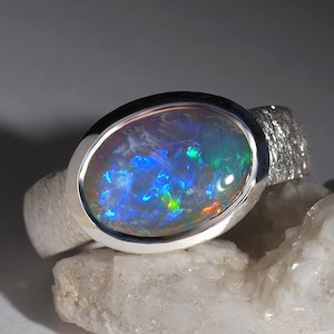 Big Dark Australian Opal Silver Ring Bright Australian One of a Kind Opal Jewelry bague opale noire argent gift wife anniversary birthday