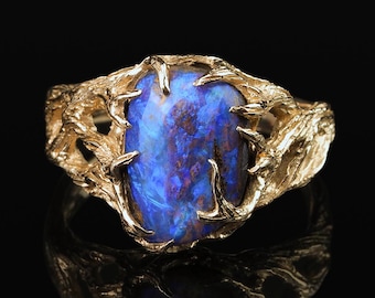 Boulder Opal 14K Gold Ring: Australian Opal, Art Nouveau Style