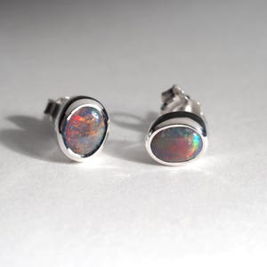 Small Australian Opal Silver Stud Earrings Natural Dark Red Gemstone Jewelry gift