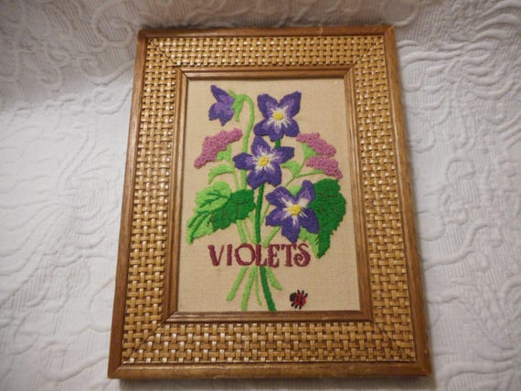 Vintage Crewel Yarn Art Picture of Violets with Lady Bug-Sweet!-Gift-Wrapped Free