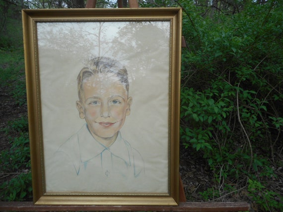 Vintage Pastel Portrait Of Young Boy Blond Hair Blue Etsy
