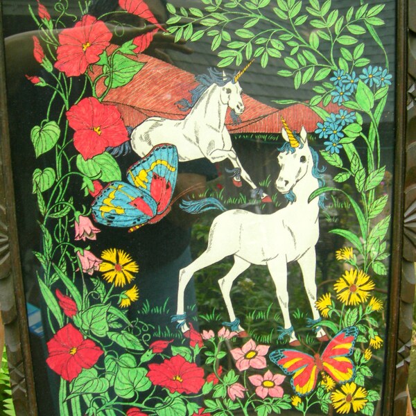 Retro Vintage 1985 Unicorn Malerei auf samt-Western Graphics Corp-schön geschnitzten Rahmen