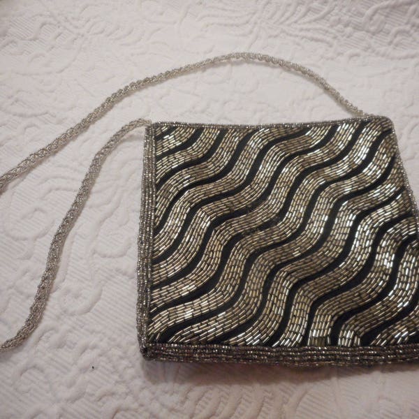 Clovis Ruffin for Genie Vintage Silver Sequined w/Black Evening Shoulder Bag