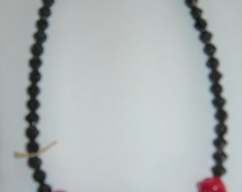 Czechoslovakian Beaded Vintage Necklace Black Faceted Beads and Carved Red Beads