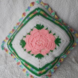 Vintage Handmade Crocheted Accent Pillow-Pink Flowers w/Rainbow Colors Trim-Gift Wrapped for Free