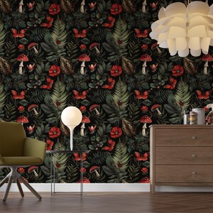 Papier peint forêt sombre - décoration murale botanique mystique - champignons rouges et fougères - décor forêt enchantée - autocollant